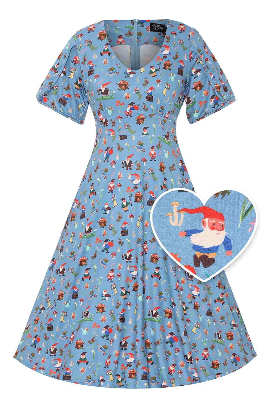 Front view of Blue Petal Sleeved Tea Dress in Garden Gnome Print