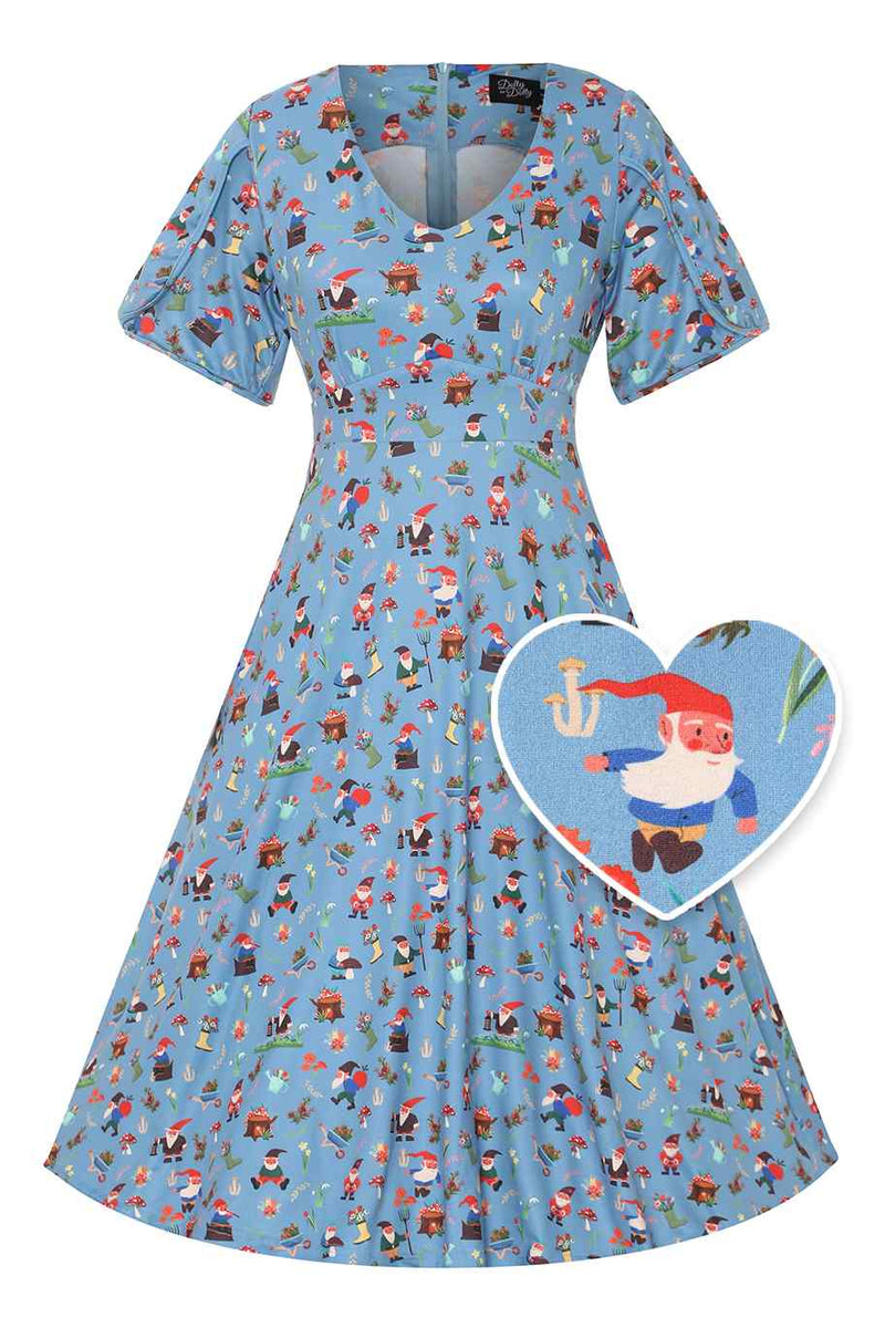 Front view of Blue Petal Sleeved Tea Dress in Garden Gnome Print