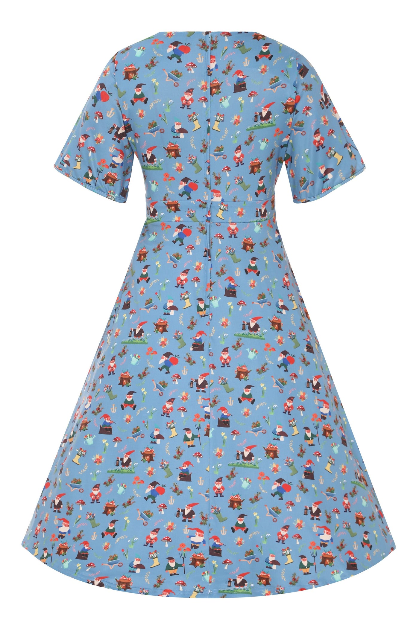 Back view of Petal Sleeved Tea Dress in Garden Gnome Print