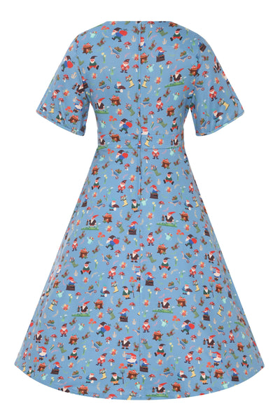 Back view of Petal Sleeved Tea Dress in Garden Gnome Print