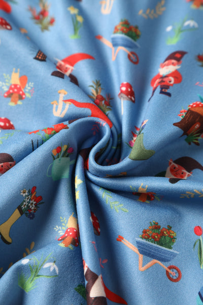 Close up view of Petal Sleeved Tea Dress in Garden Gnome Print