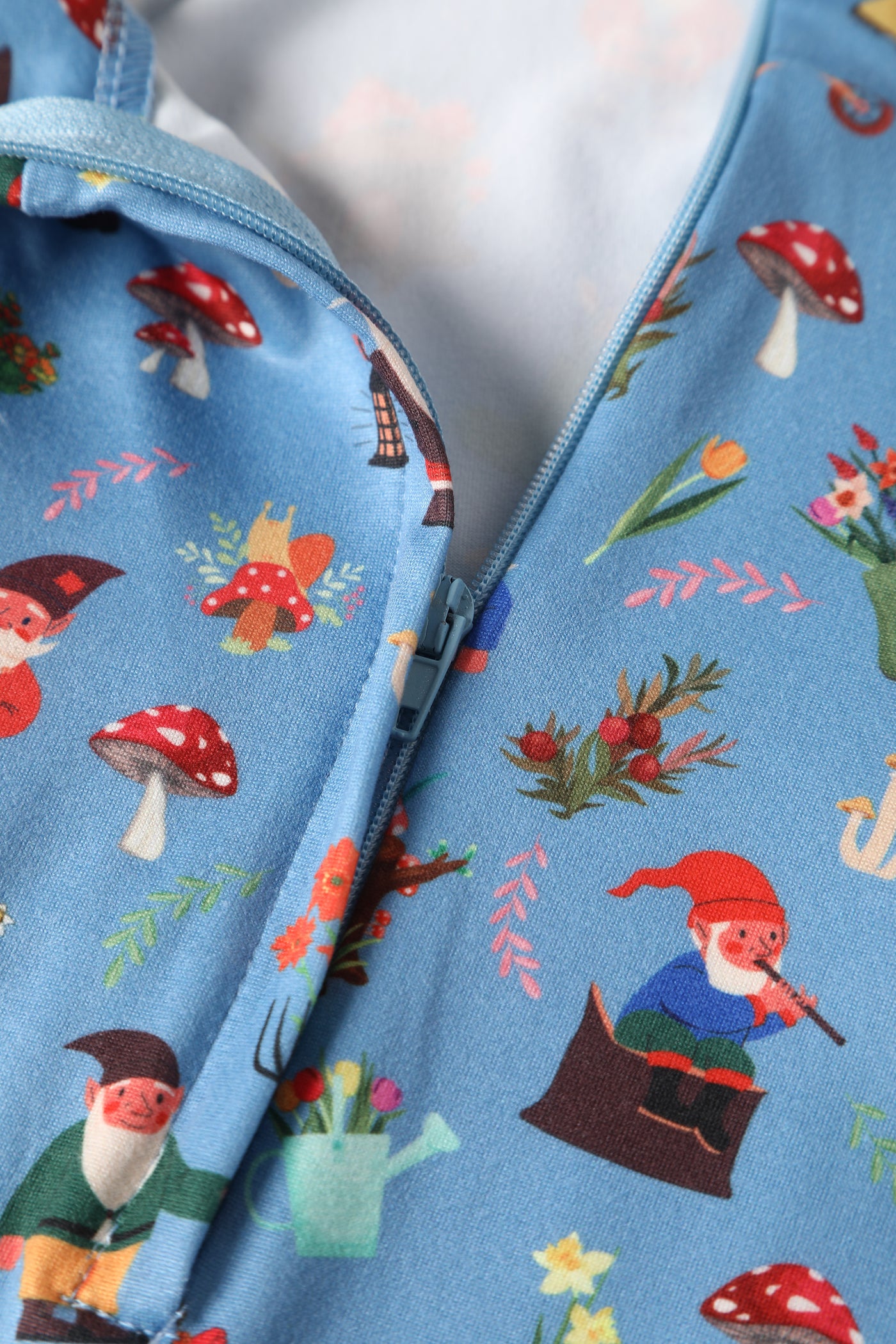 Close up view of Petal Sleeved Tea Dress in Garden Gnome Print