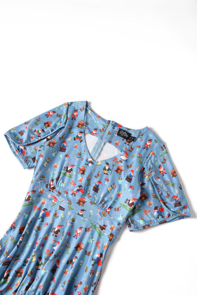 Close up view of Petal Sleeved Tea Dress in Garden Gnome Print