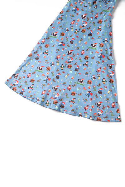 Close up view of Petal Sleeved Tea Dress in Garden Gnome Print