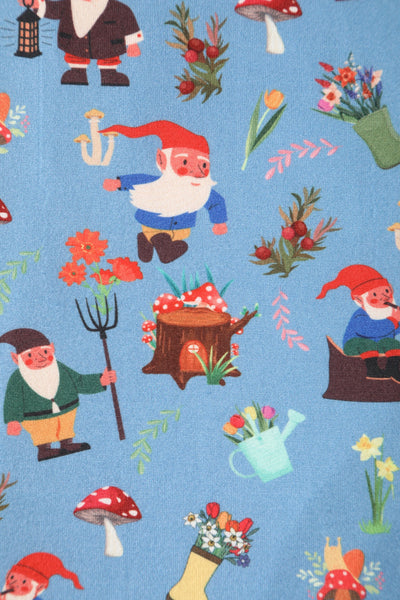 Close up view of Petal Sleeved Tea Dress in Garden Gnome Print