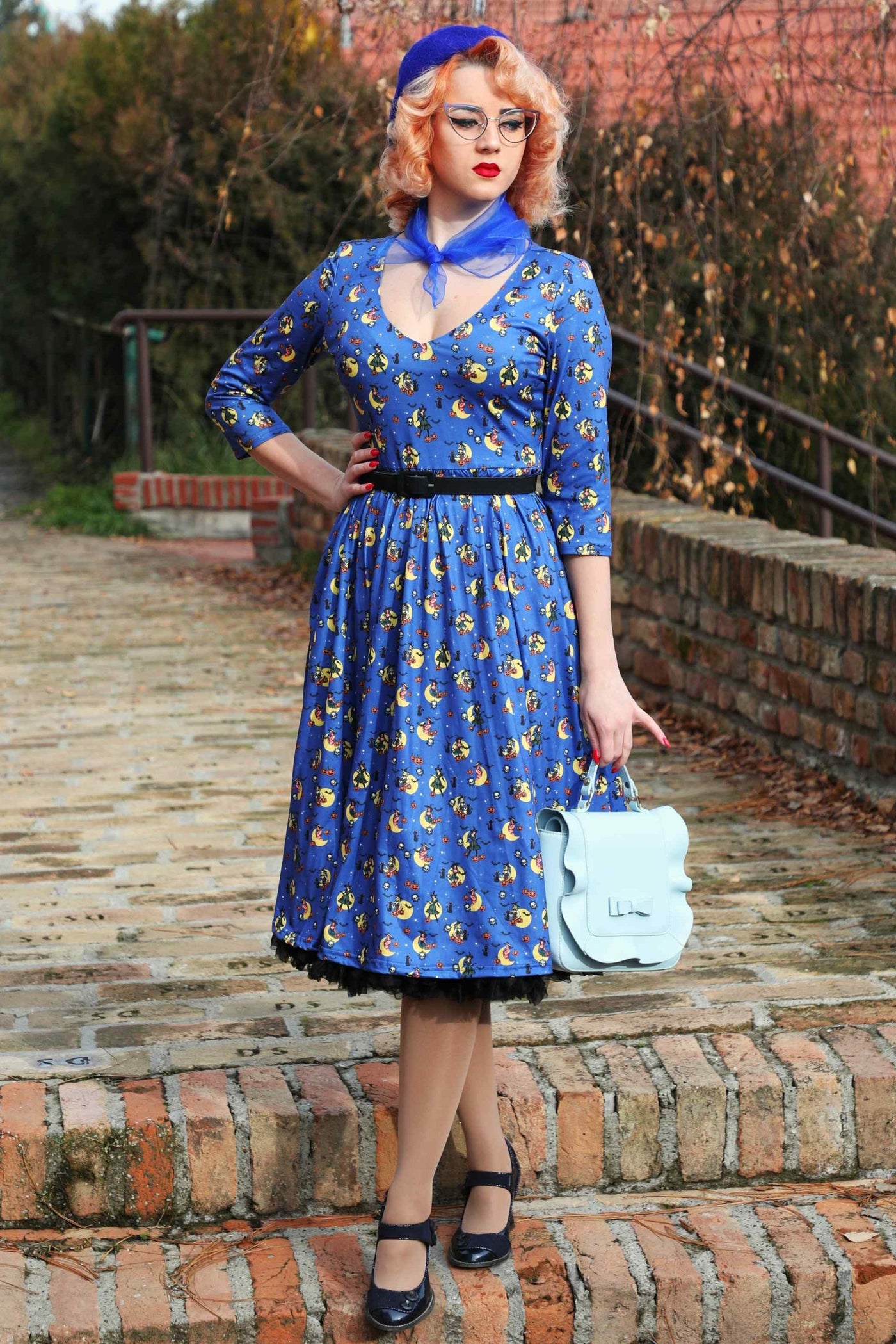 Blue Pinup Witch Long Sleeved Dress