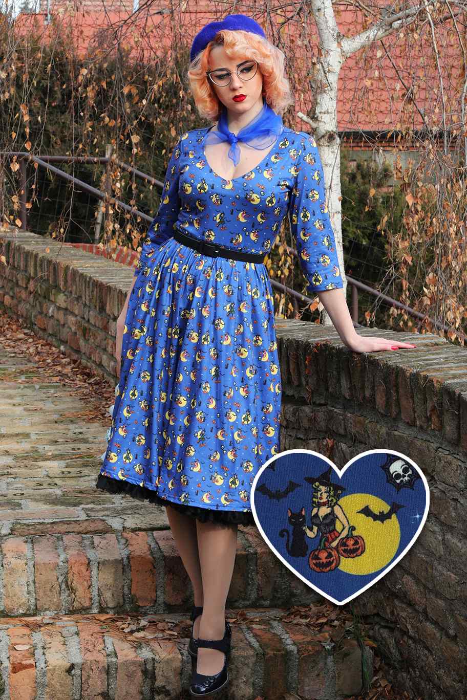 Blue Pinup Witch Long Sleeved Dress