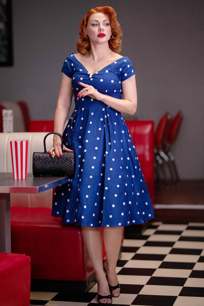 Blue Polka Dot Off Shoulder Full Circle Dress