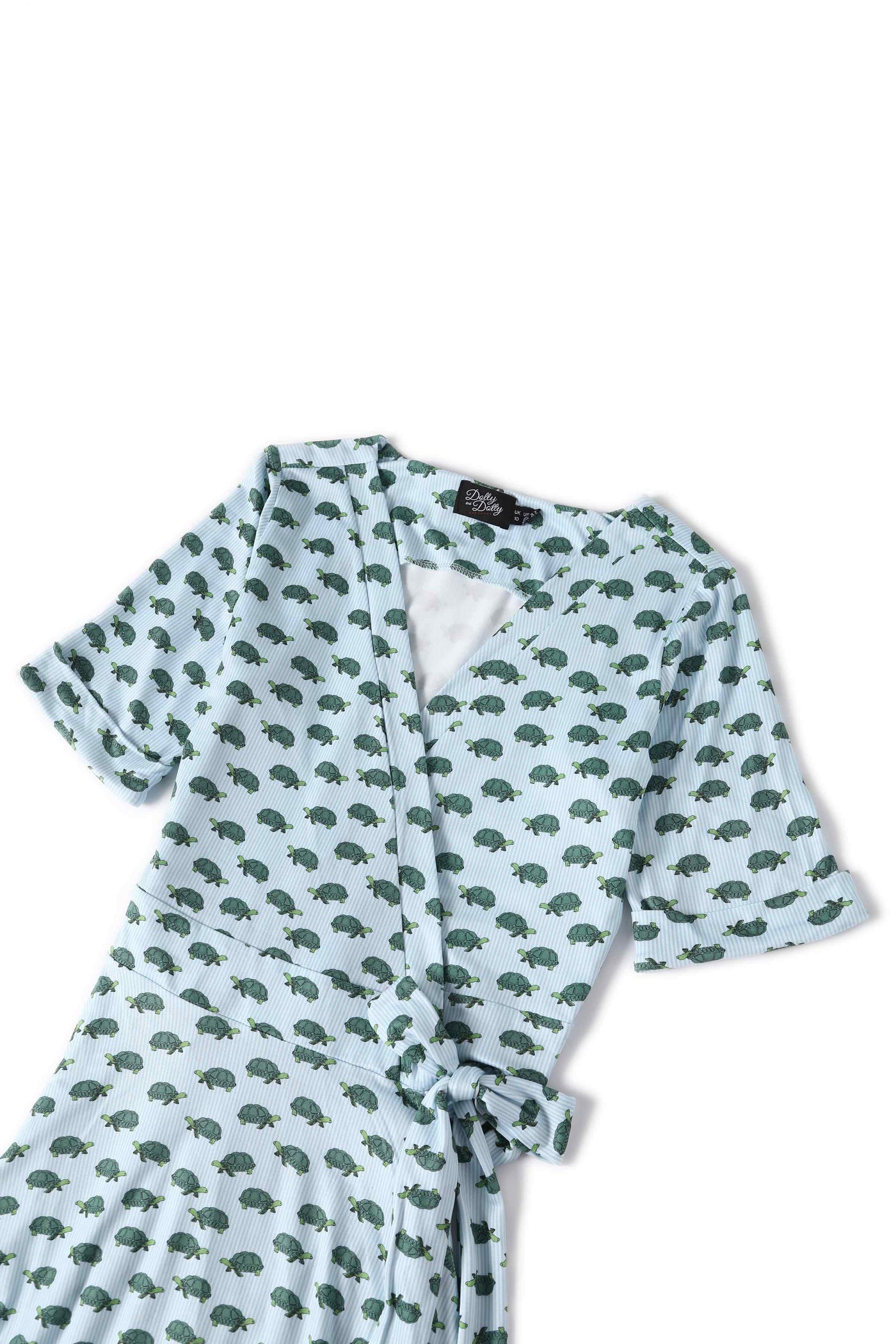 Close up view of Blue Sea Turtle Wrap Dress