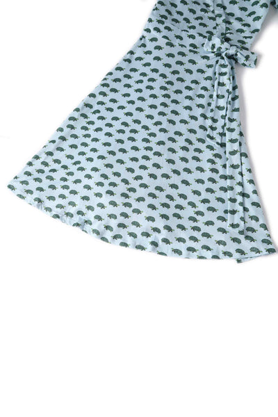 Close up view of Blue Sea Turtle Wrap Dress