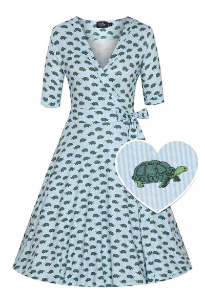Front view of Blue Sea Turtle Wrap Dress