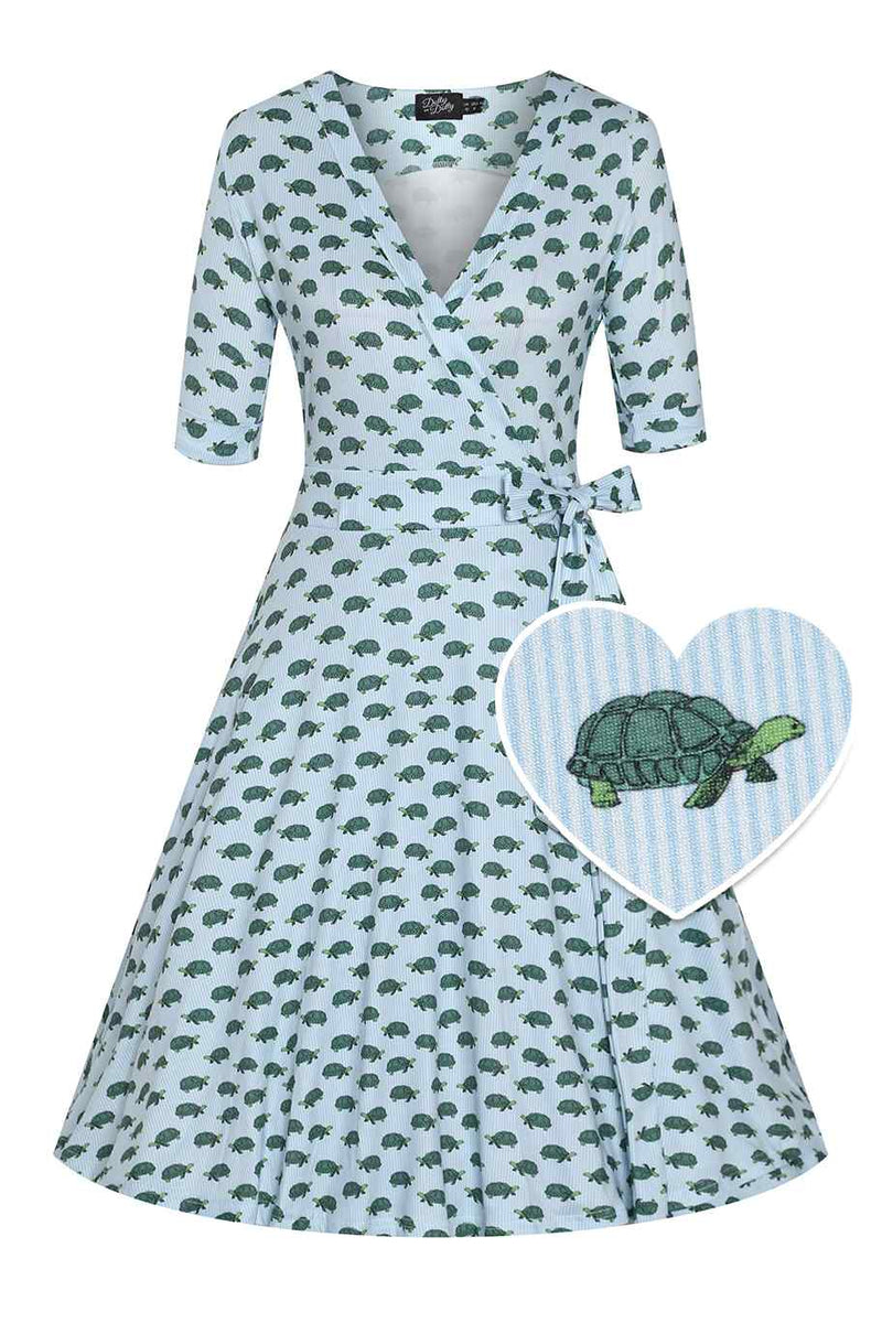Front view of Blue Sea Turtle Wrap Dress