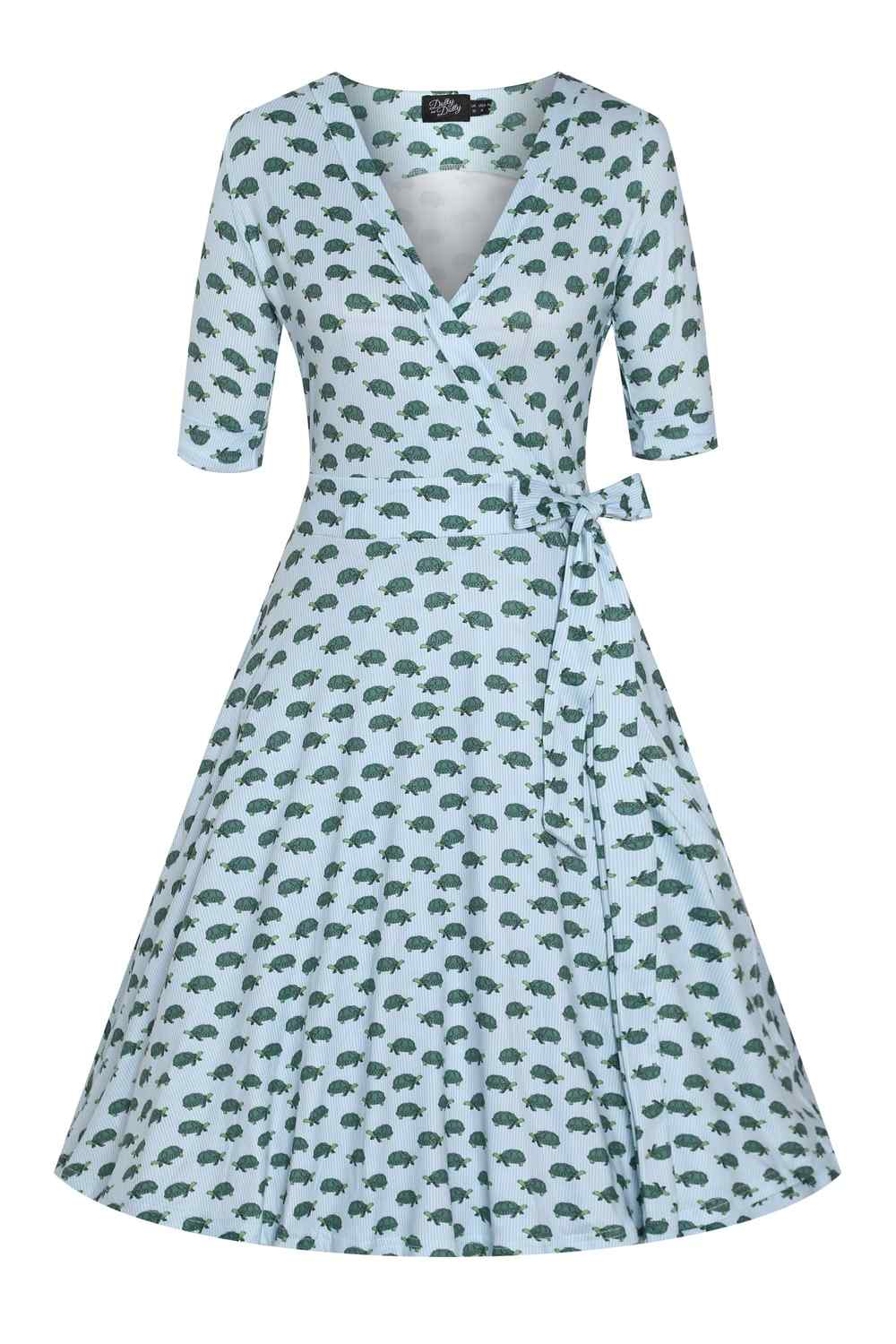 Front view of Blue Sea Turtle Wrap Dress