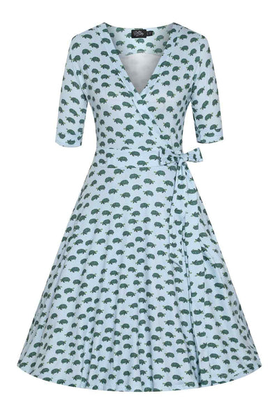 Front view of Blue Sea Turtle Wrap Dress