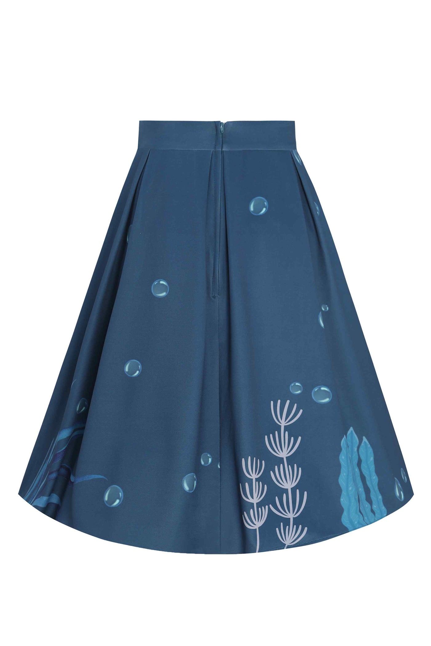Back view of cute blue seahorse box pleated vintage inspired skirt