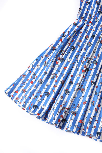 Blue Striped Rockabilly Swallow Swing Dress