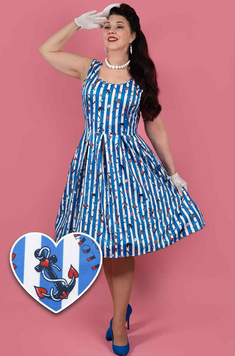 Amanda Blue Striped Rockabilly Swallow Swing Dress 8