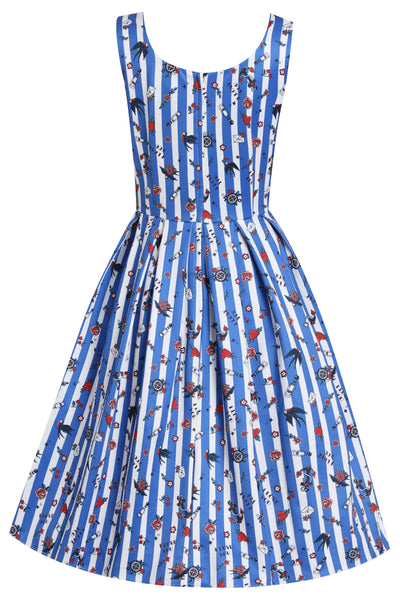 Blue Striped Rockabilly Swallow Swing Dress