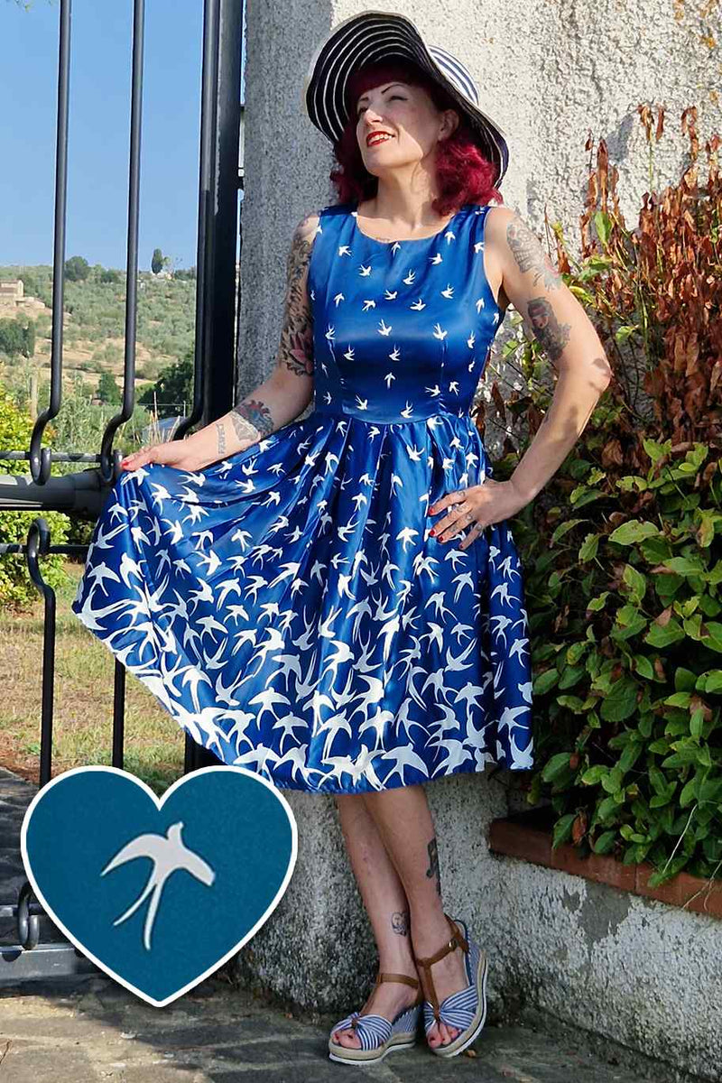 Annie Blue Retro Swing Dress with Bird Print by Dolly and Dotty Annie Blue Retro Swing Dress with Bird Print by Dolly and Dotty