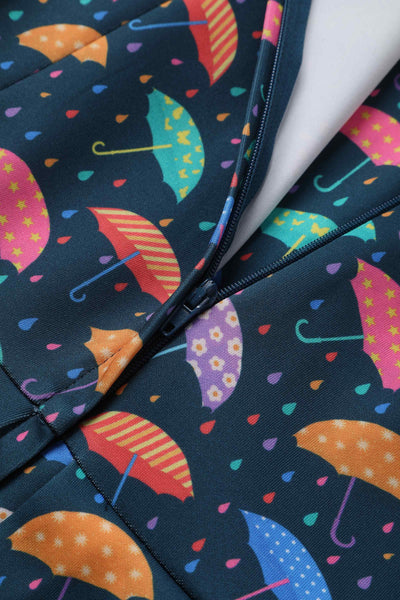 Close up of Blue Umbrella Print Swing Dress