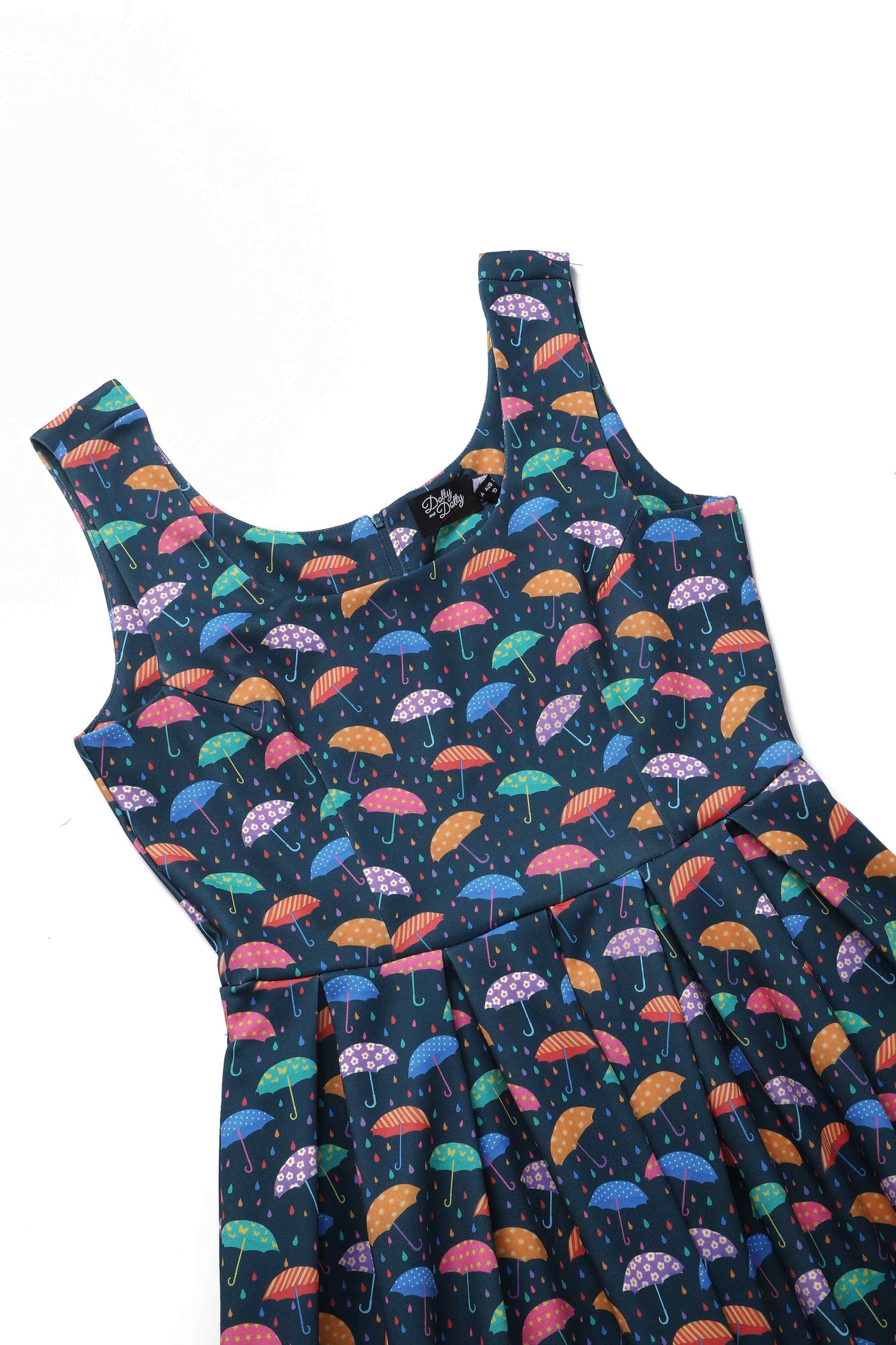 Close up of Blue Umbrella Print Swing Dress
