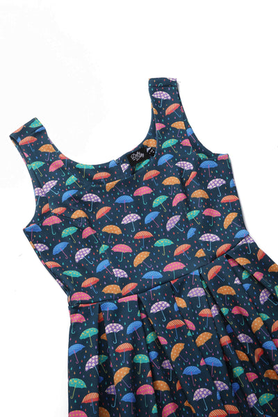 Close up of Blue Umbrella Print Swing Dress