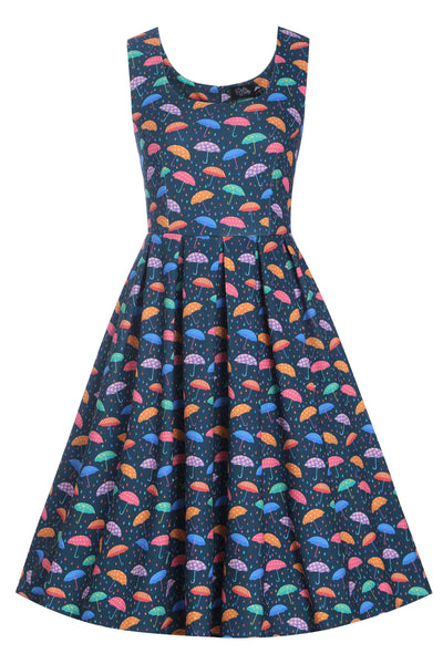 Front view of Blue Umbrella Print Swing Dress