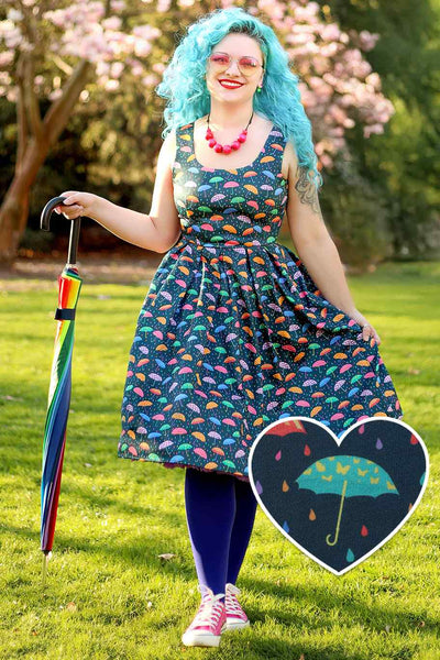 A model wearing a Blue Umbrella Print Swing Dress