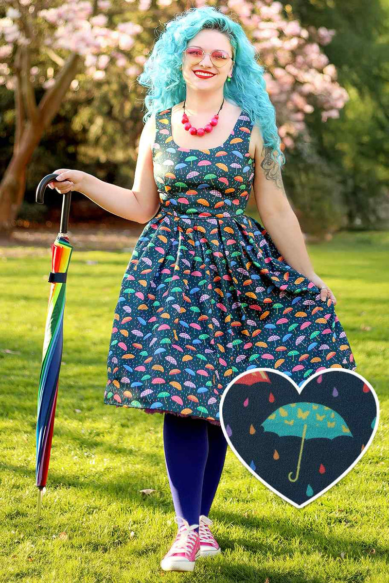 A model wearing a Blue Umbrella Print Swing Dress