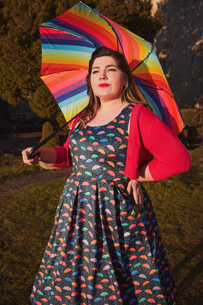 A model wearing a Blue Umbrella Print Swing Dress