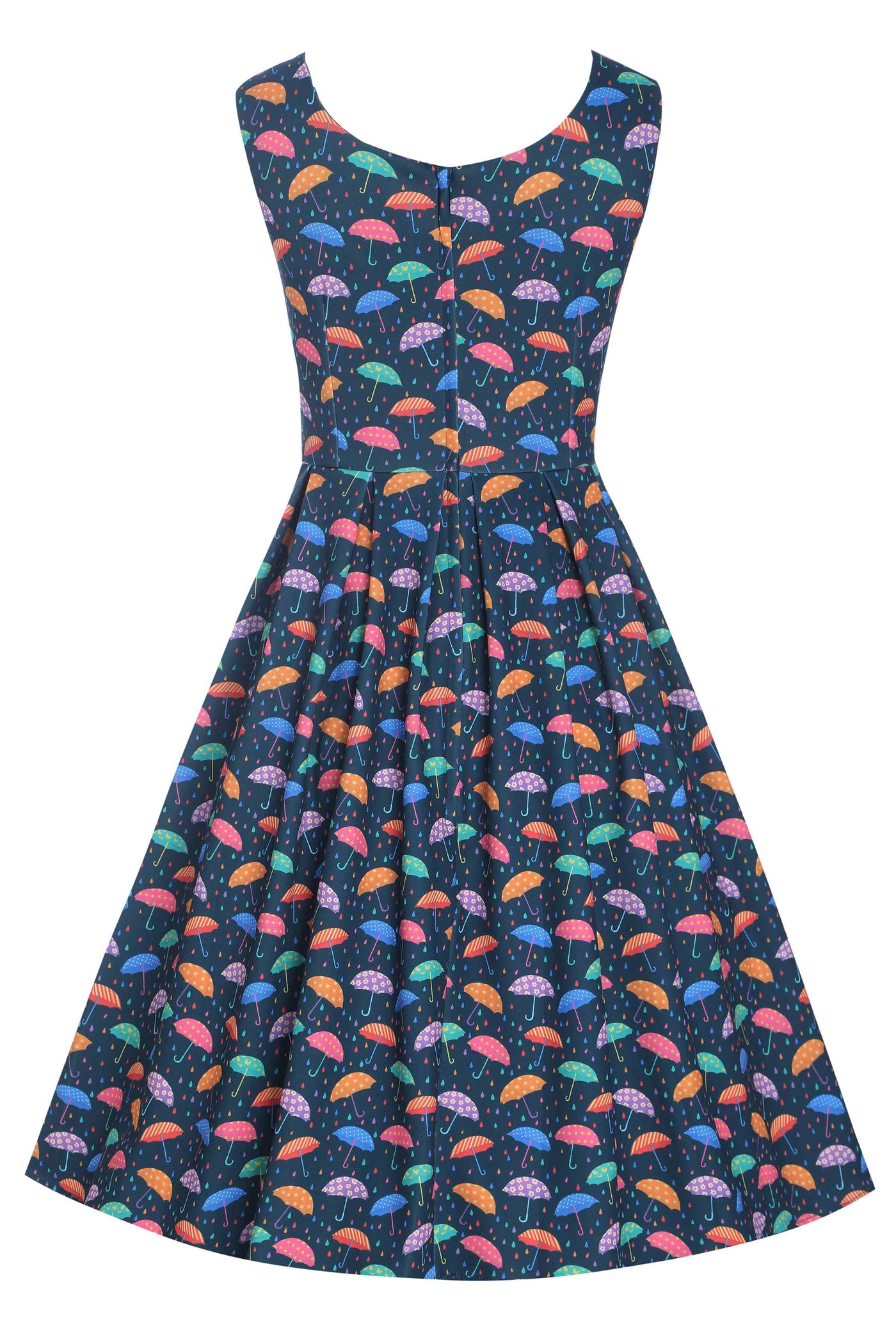 Back view of Blue Umbrella Print Swing Dress