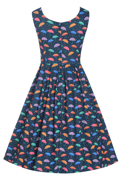 Back view of Blue Umbrella Print Swing Dress