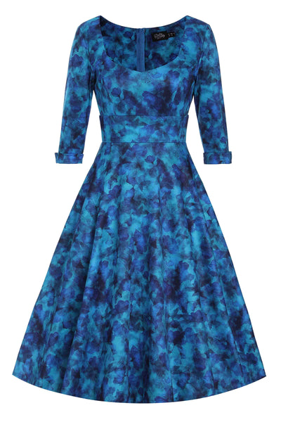 Front view of Blue Watercolour Floral Midi Dress