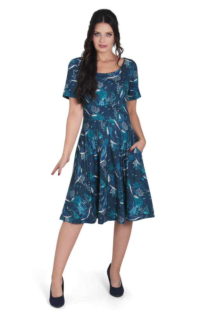 Brenda Blue Whale Print Sleeved Dress Brenda Blue Whale Print Sleeved Dress