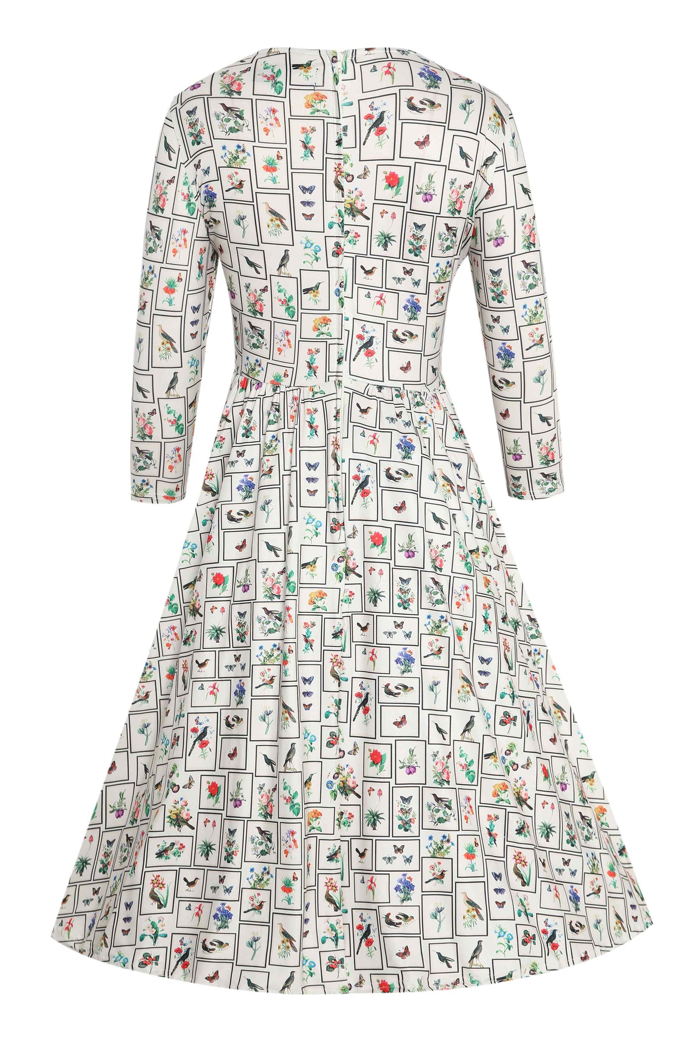 Back view of Botanical and Bird  Print Flared Dress in Cream
