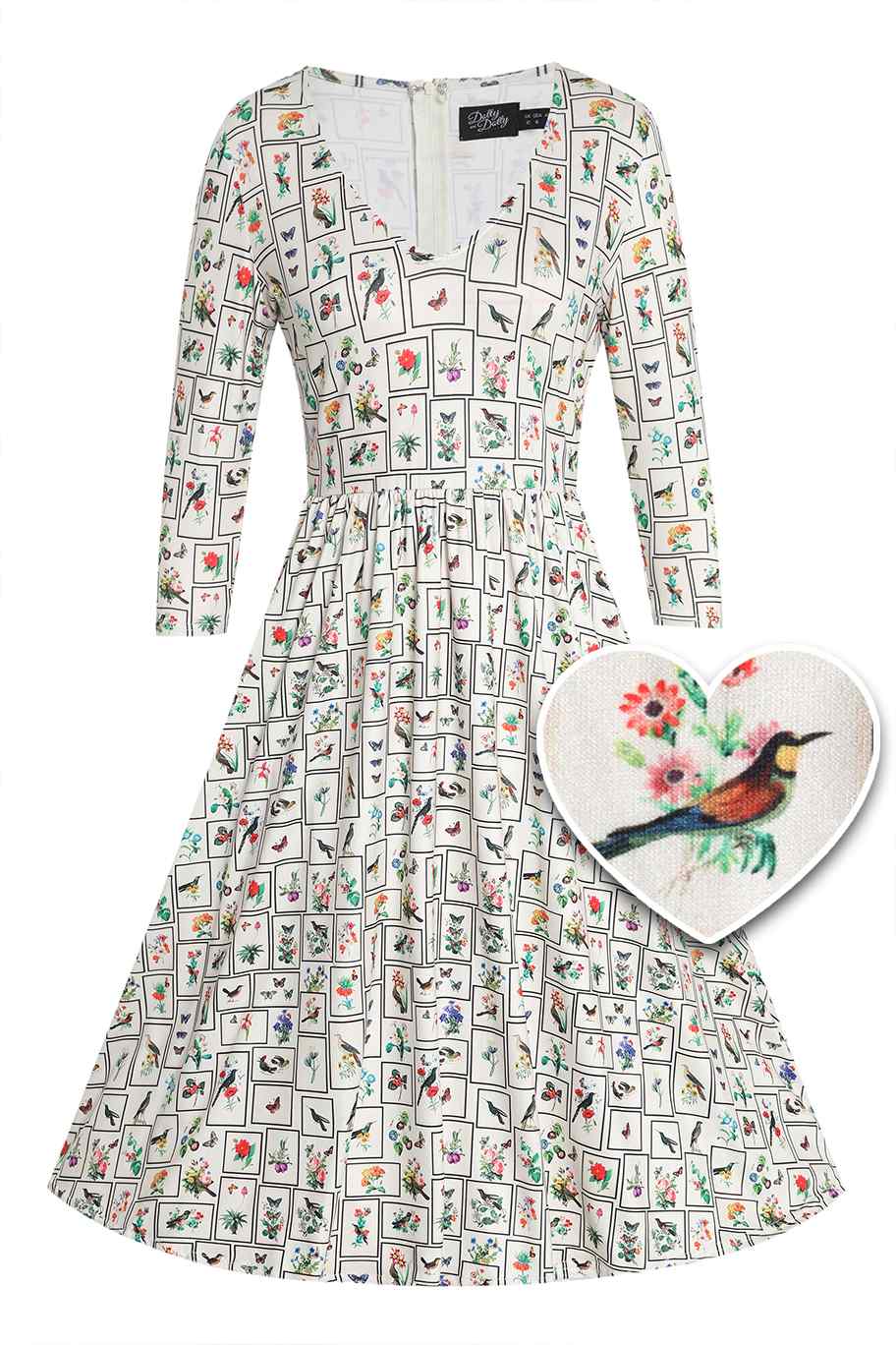 Front view of Botanical and Bird Print Flared Dress in Cream