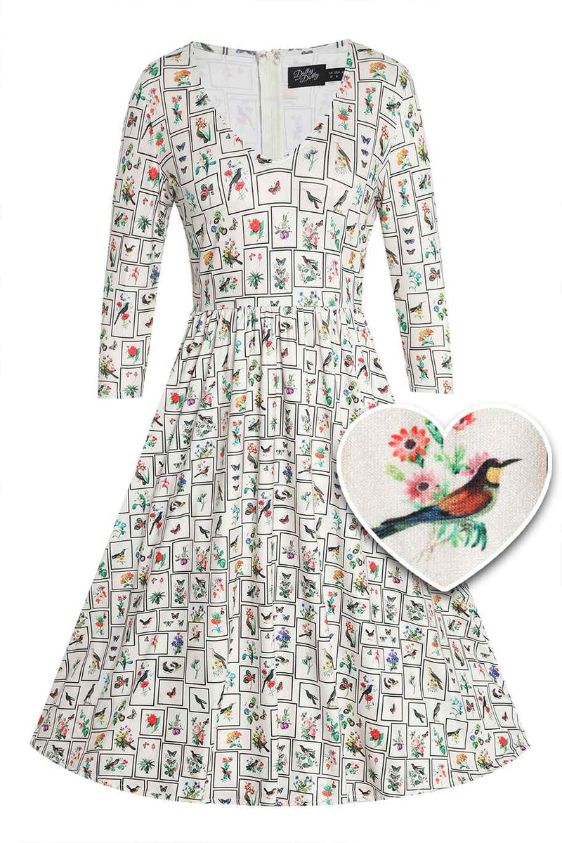 Front view of Botanical and Bird Print Flared Dress in Cream
