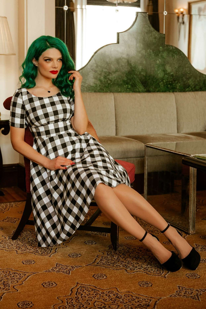 Retro Black Gingham Fit and Flared Dress In Cotton