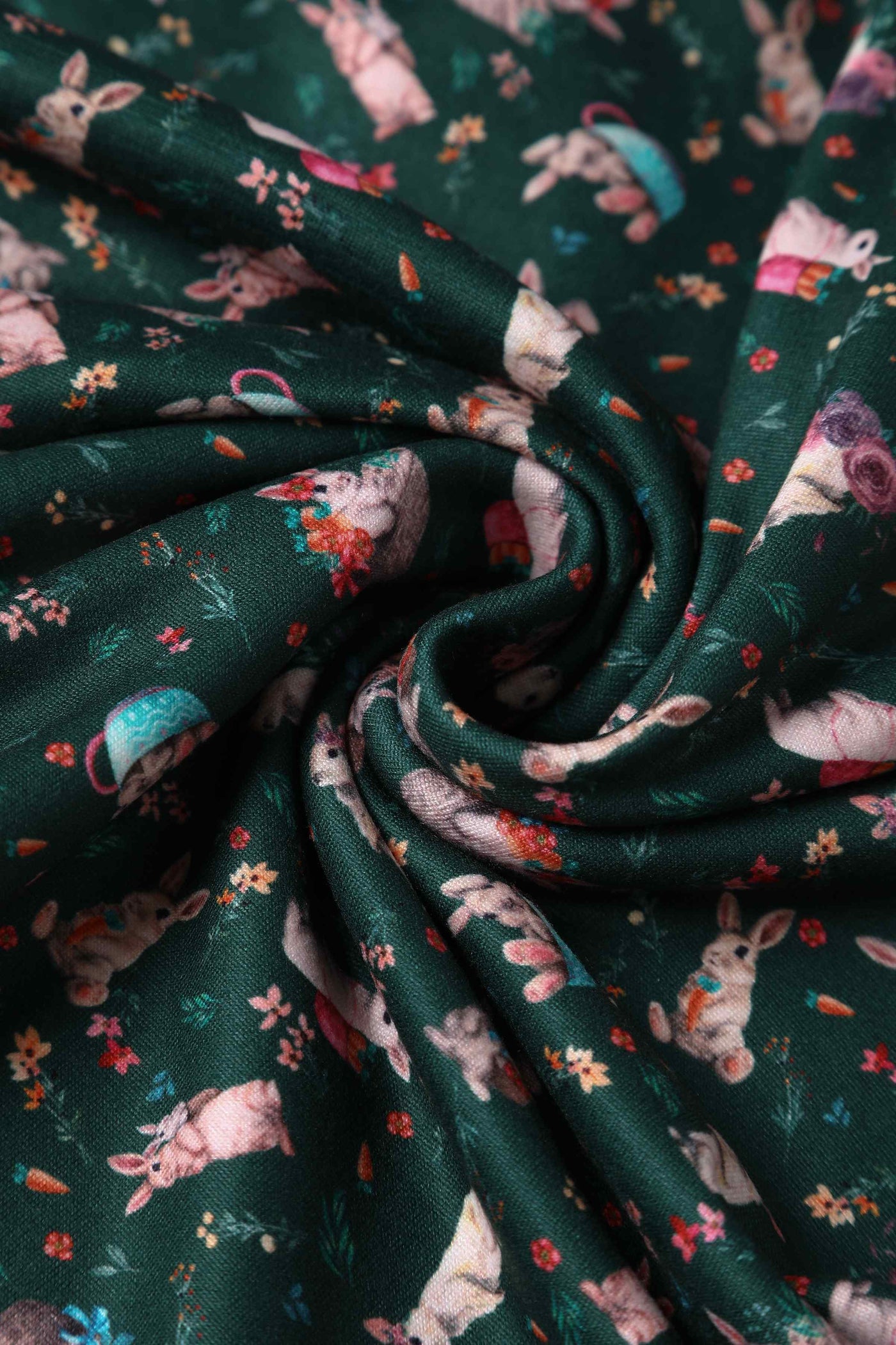 Close up View of Bunny Print Flared Dress in Green