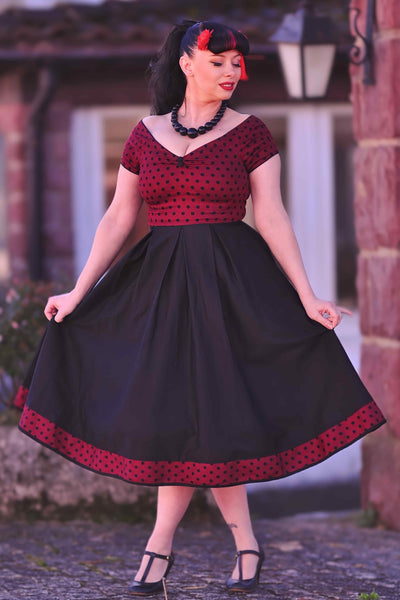 Burgundy & Black Polka Dot Off Shoulder Dress
