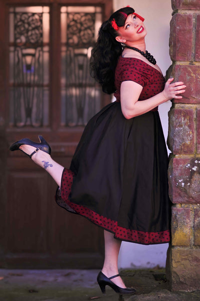 Burgundy & Black Polka Dot Off Shoulder Dress