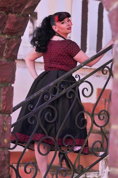 Burgundy & Black Polka Dot Off Shoulder Dress