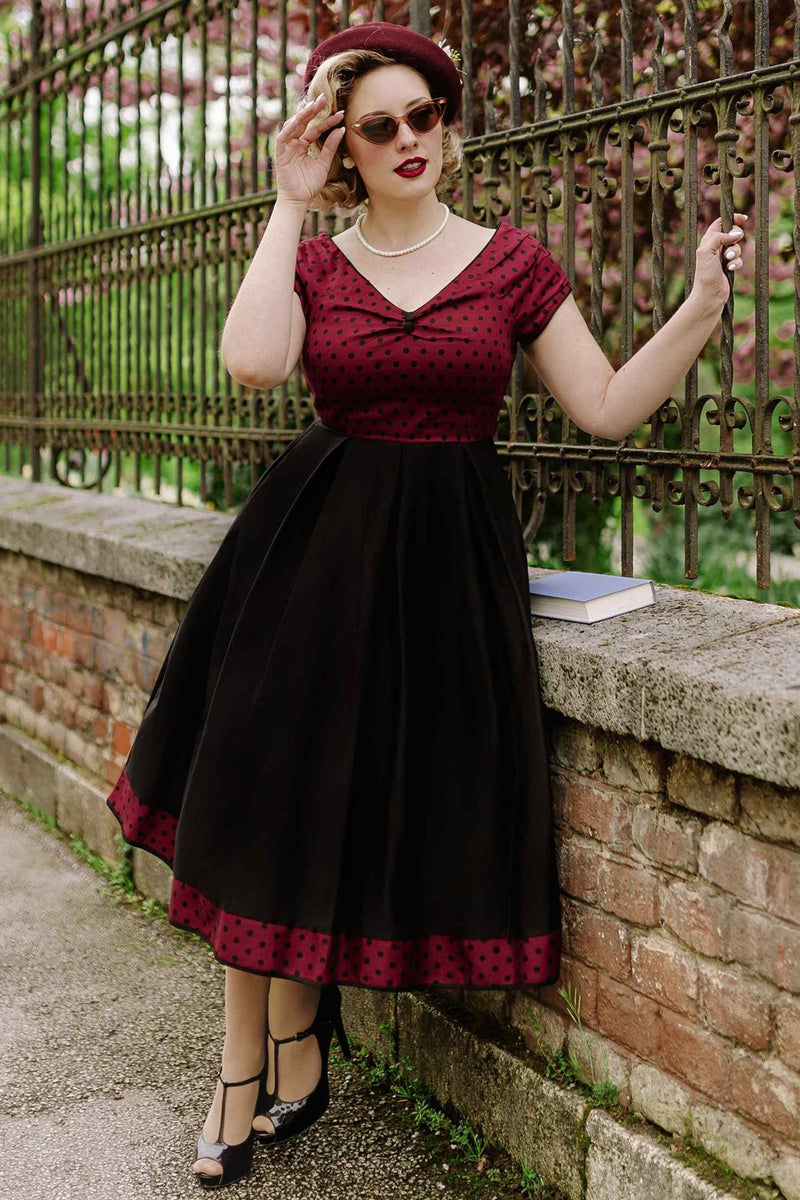 Lily Burgundy/Black Polka Dot Off Shoulder Flared Dress Lily Burgundy/Black Polka Dot Off Shoulder Flared Dress