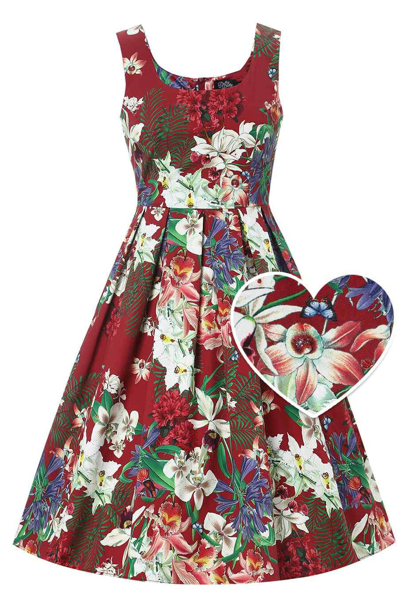 Front view of Burgundy Botancial Floral Swing Dress In Cotton