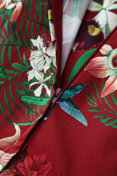 Burgundy Botancial Floral Swing Dress In Cotton