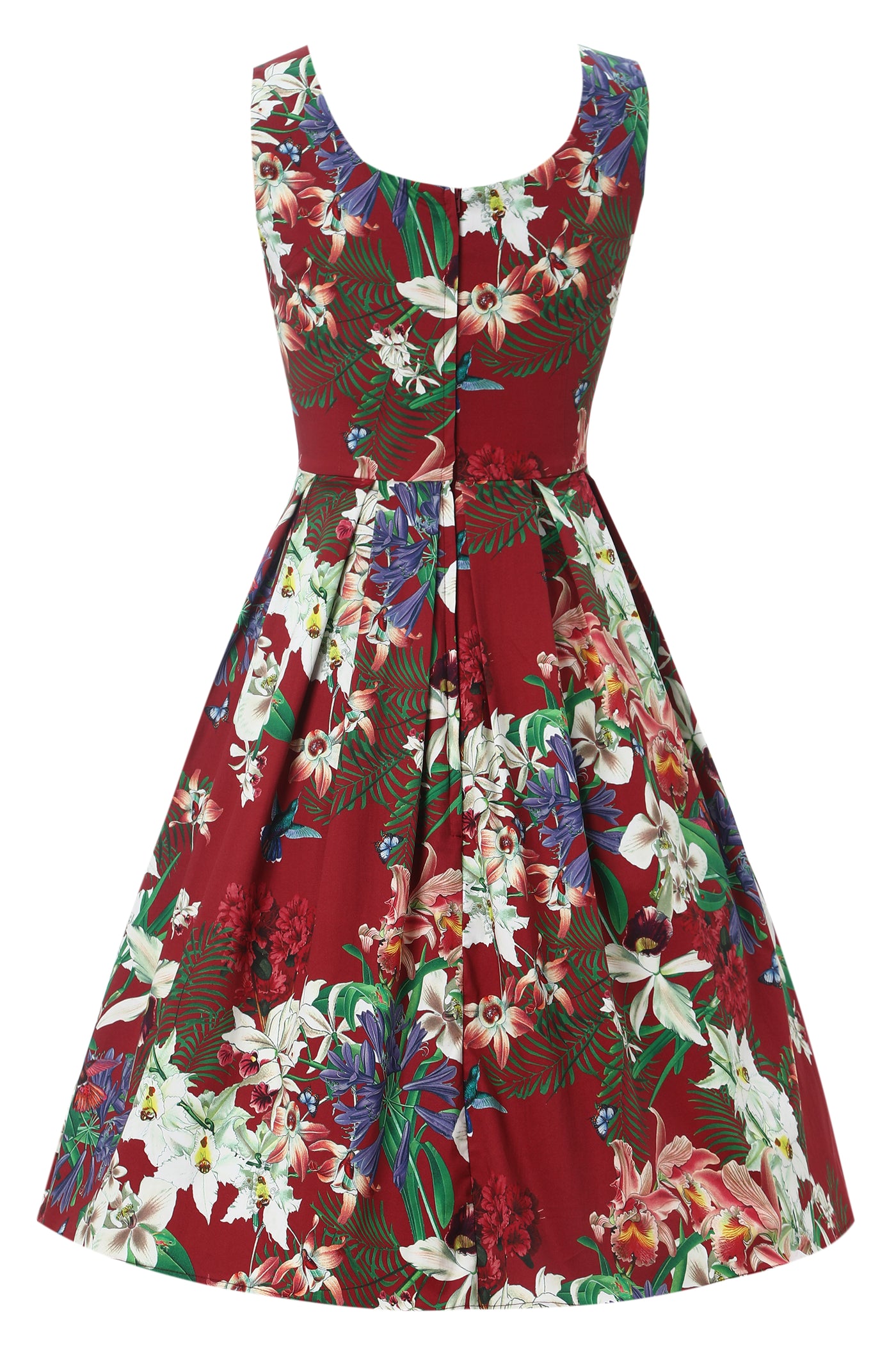 Burgundy Botancial Floral Swing Dress In Cotton