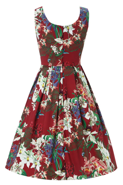 Burgundy Botancial Floral Swing Dress In Cotton