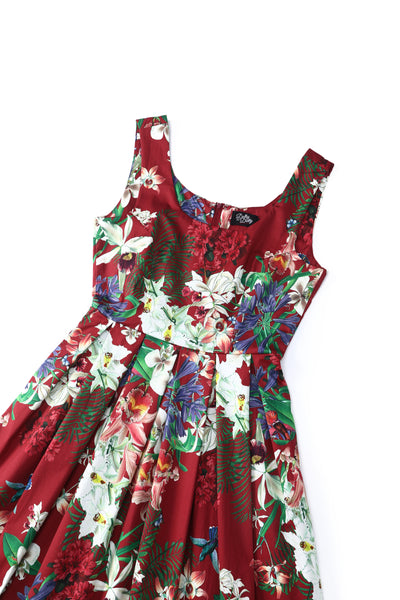 Burgundy Botancial Floral Swing Dress In Cotton