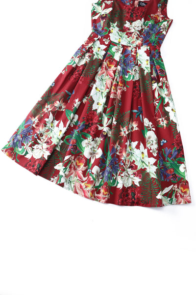 Burgundy Botancial Floral Swing Dress In Cotton
