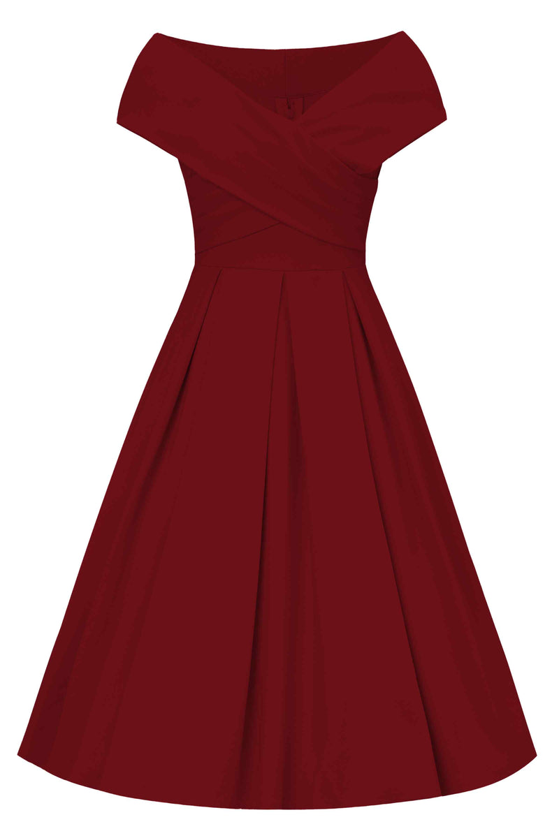 Front view of Burgundy Red Off Shoulder Dress
